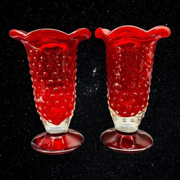 Vintage Set of 2 Art Glass Hand Blown Ruby Red Hobnail Bud Vases 6”T 3.75”W - Picture 4 of 11